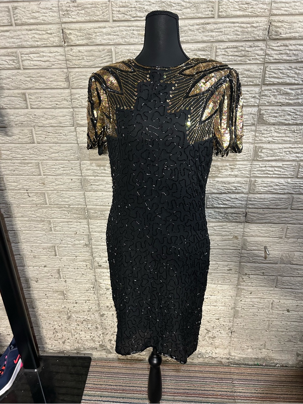 Vintage Stenay Beaded Sequin Silk Dress Size 8 Upcycle Missing Slider on Zipper